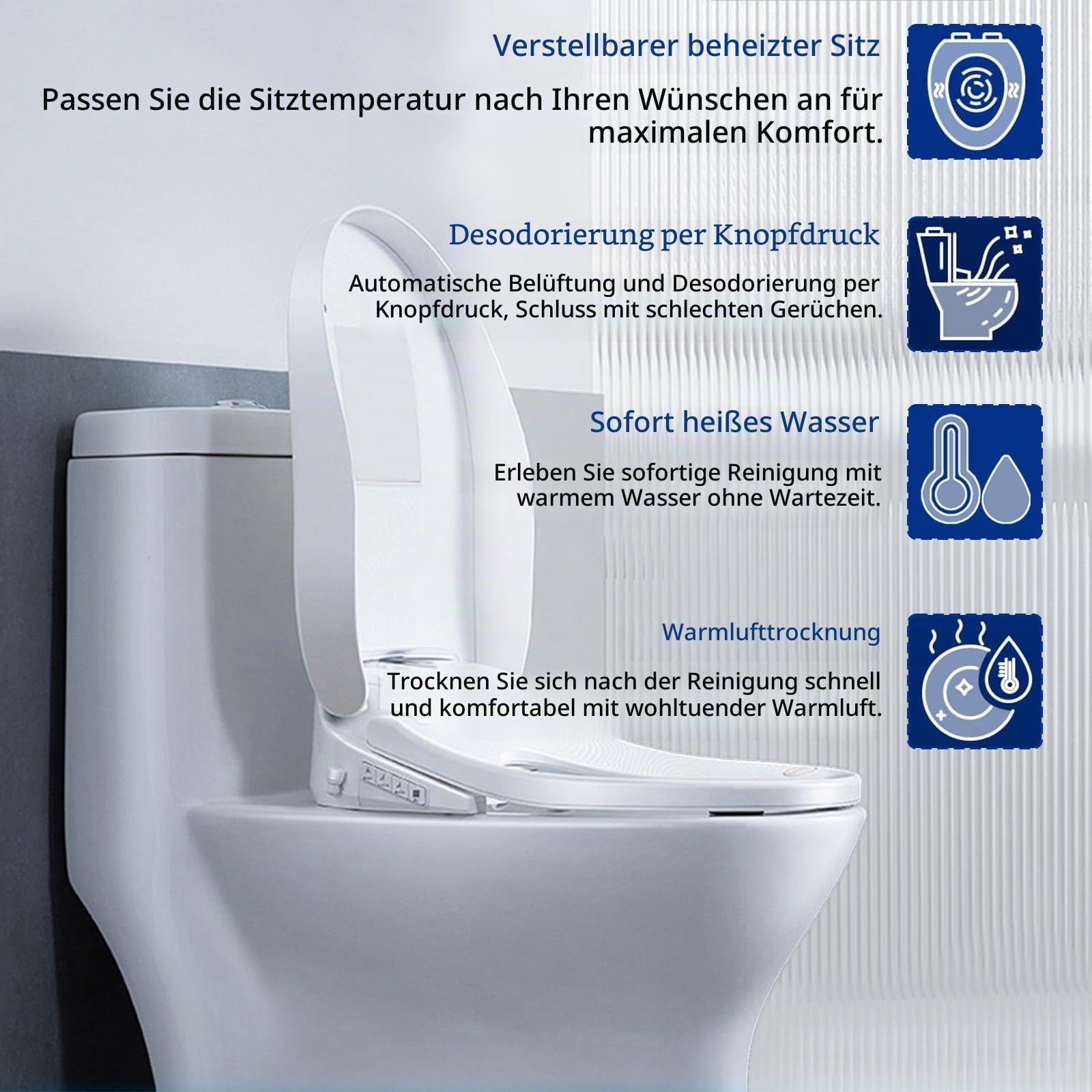 Smart Beheizter Toilettensitz mit Düse, Japanische WC Bidet mit Warmwasser & Trockner, UV-Desinfektion | 4 Reinigungsmodi, Einstellbarer Wasserdruck mit selbstreinigenden Düsen & Nachtlicht