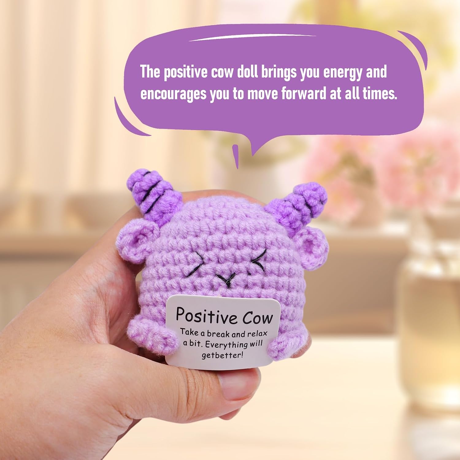 Inspirational Crochet Positive Cow - Handmade Emotional Support Encouragement Knitted,Soft Purple Cow Crochet with Card,Unique Cute Thank You Presents for Friends, Colleagues,Parties, Birthdays