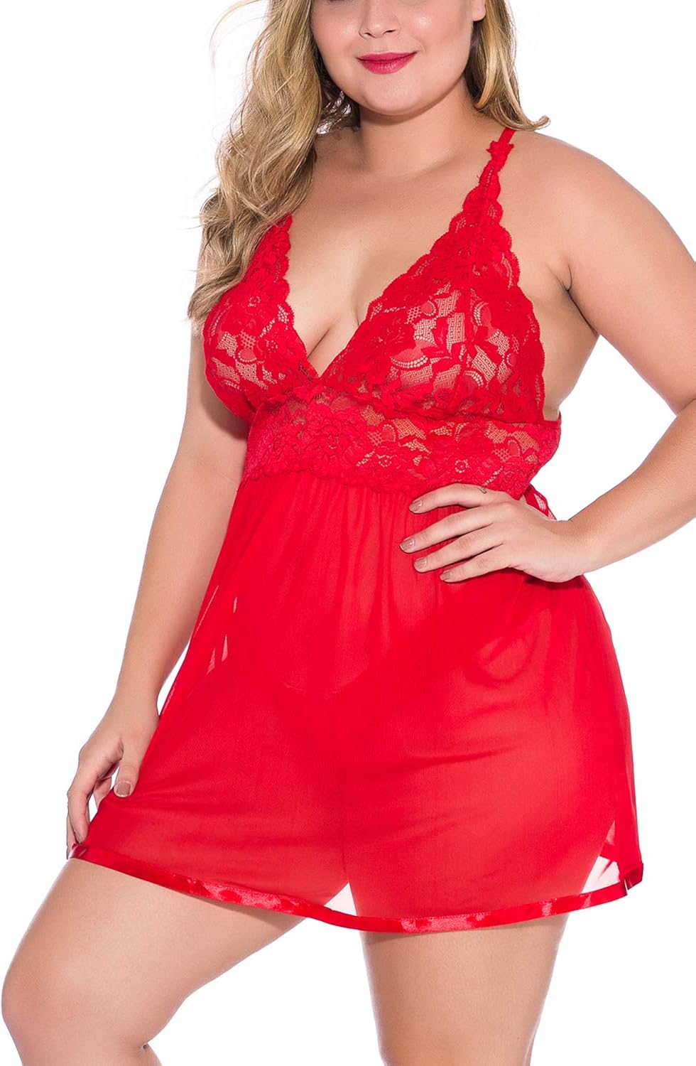 Donnalla Womens Plus Size Sexy Lingerie Sheer Lace Halter Babydoll Chemise Set: Clothing, Shoes & Jewelry