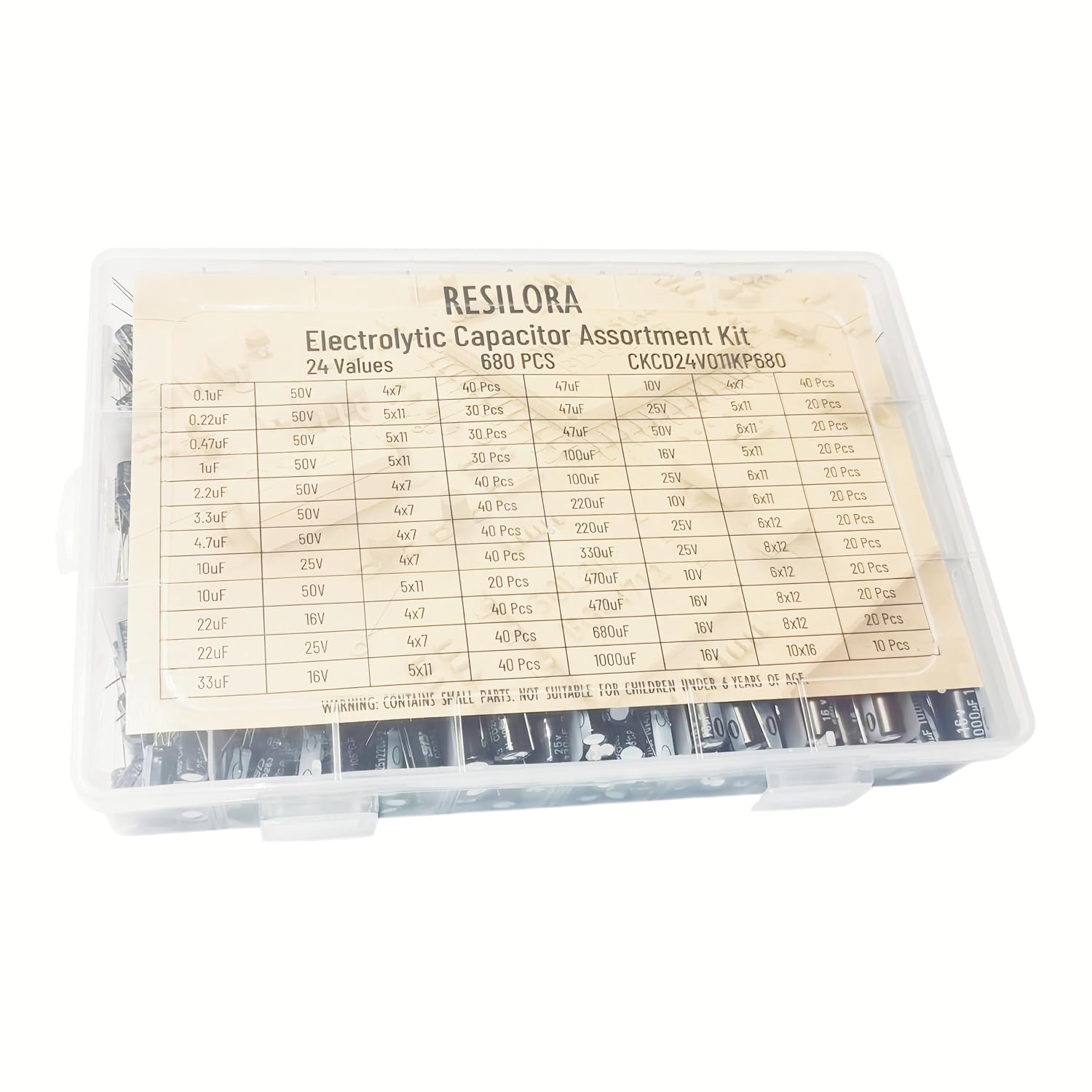 24 Values 680Pcs Aluminum Electrolytic Capacitor Assortment Kit, 0.1uF-1000uF 10V 16V 25V 50V Capacitor Set with Storage Case for Arduino, PCB, TV and Home Appliance Repair