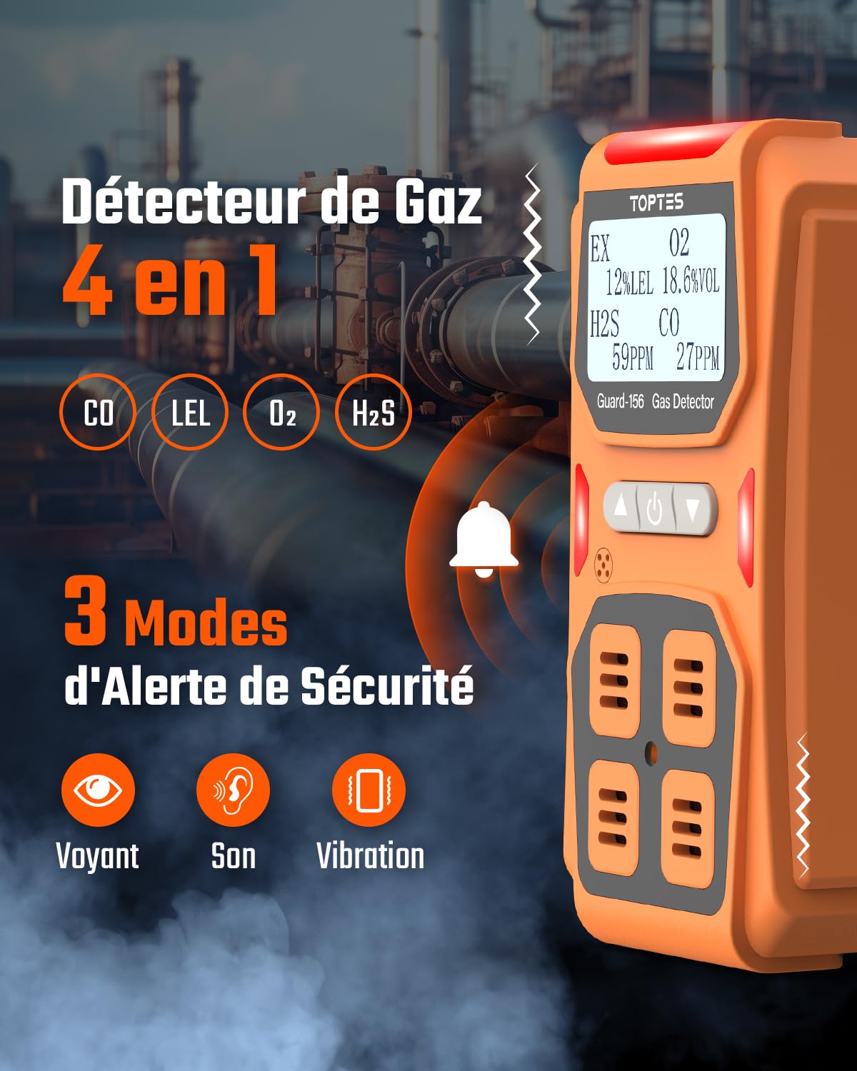 TopTes Guard-156 Détecteur 4 en 1 pour H2S, CO, Lie et O2, Triple Alarme (visuel, Vibration, sonore), réponse Rapide 0,5 s, Design Pratique et Anti-poussière pour sécurité au Travail et à Domicile