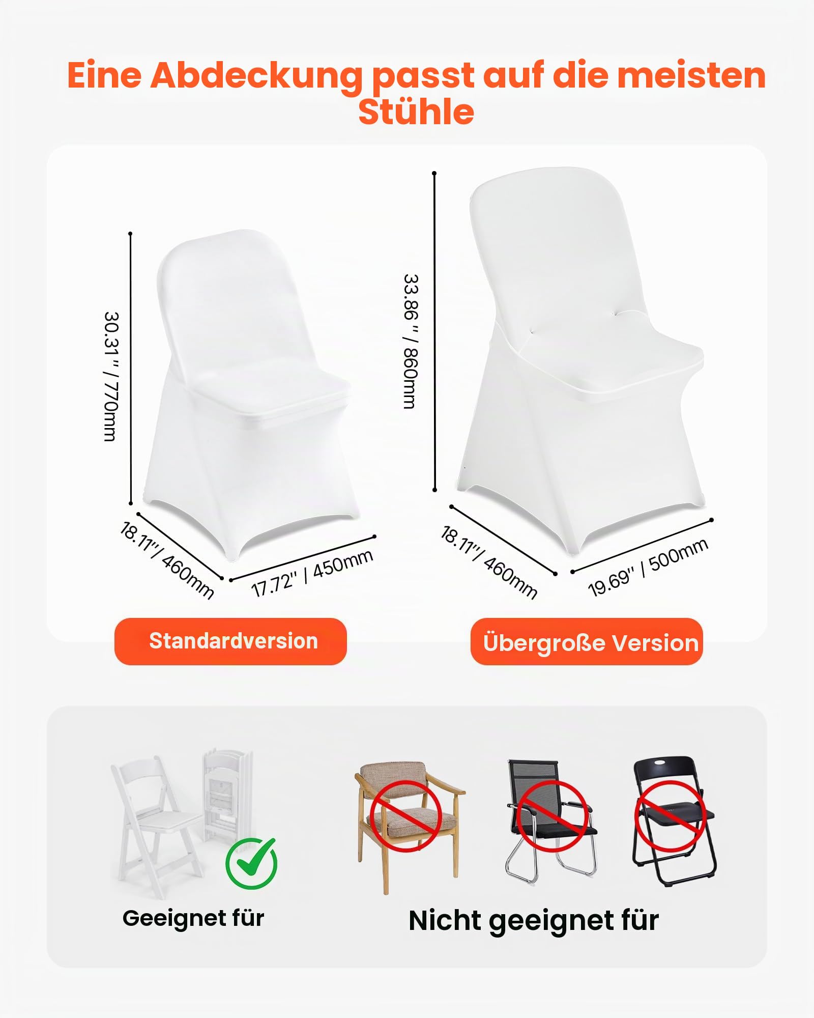 VEVOR Stuhlhussen Stuhlbezug 30 STK. waschbarer & Abnehmbarer Stuhlüberzug aus Polyester-Spandex für Hochzeitsfeiern Esszimmerbankette Restaurant, passend für Stühle (46 x 50 x 86 cm) Weiß
