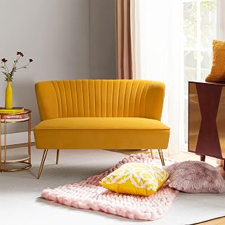 HULALA HOME Velvet Loveseat Sofa with Gold Legs, Mid-Century Modern Upholstered Love seat Couch, Tufted Small 2-Seat Sofa Armless for Living Room, Bedroom, Apartment Small Spaces, Mustard