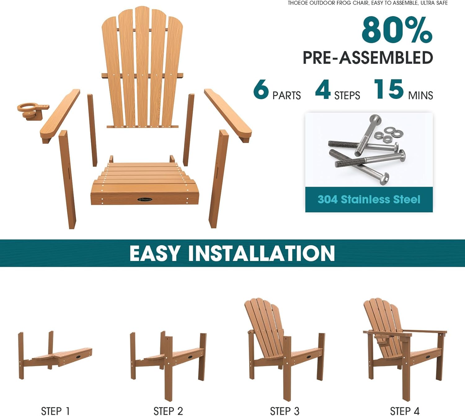 THOEOE Stackable Adirondack Chair Set of 2, HDPE All-Weather Adirondack Chairs - Durable and Space Saving, Plastic Outdoor Fire Pit Chairs with Cup Holder,Wood