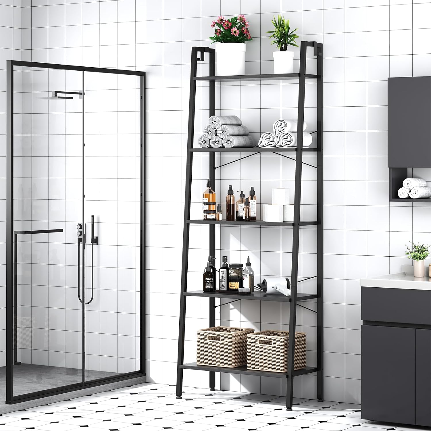 5 Tier Bookshelf,Ladder Shelf, Bookcase with Shelves and 2 Hooks, Storage Rack Organizer, Corner Wood Storage Shelf with Metal Frame (Black)