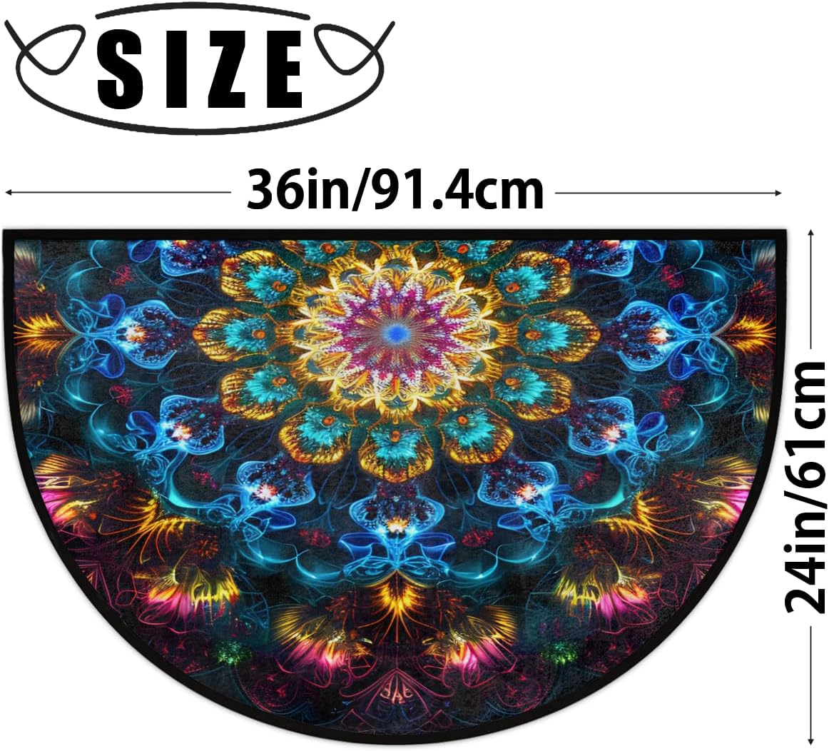 Half Round Door Mat Mandala Pretty Rainbow Half Moon Rug Washable Half Circle Area Rugs Indoor Entrance Non Slip Semi Circle Bathroom Rugs Floor Carpet for Kithen Bedroom Fireplace Decor