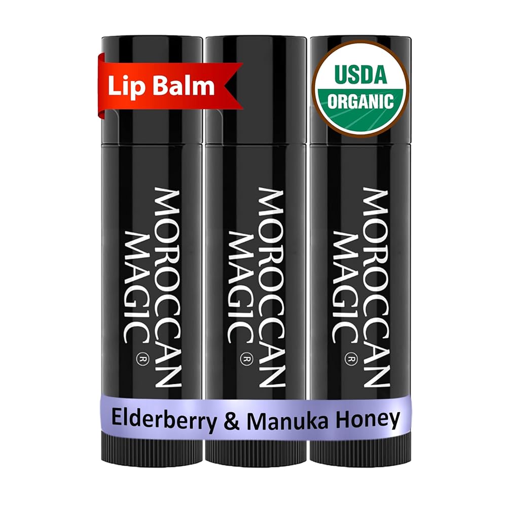 Moroccan Magic Organic Elderberry & Manuka Honey Lip Balm 3 Pack | Ultra-Hydrating Argan Oil Lip Moisturizer + Vitamin E | Natural Chapstick for Dry Lips | Smooth, Non-Toxic | Organic Lip Balm