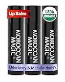 Moroccan Magic Organic Elderberry & Manuka Honey Lip Balm 3 Pack | Ultra-Hydrating Argan Oil Lip Moisturizer + Vitamin E | Natural Chapstick for Dry Lips | Smooth, Non-Toxic | Organic Lip Balm
