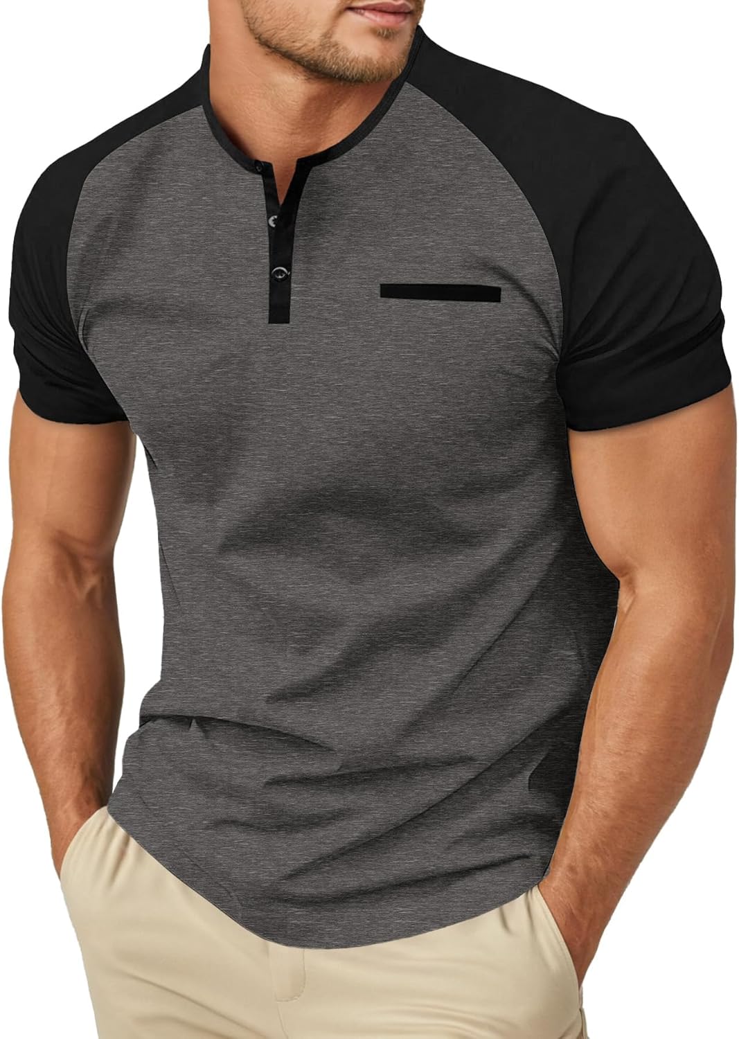 Henley-Shirts für Herren, Baumwolle, kurzärmelig, lässig, Sommer-T-Shirt, mit Tasche