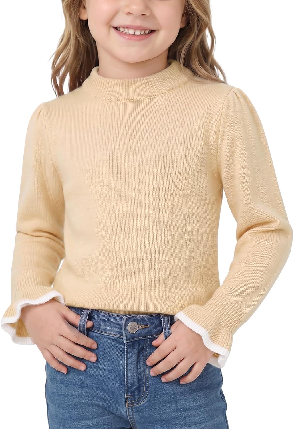 Haloumoning Toddler Baby Girls Sweater Little Kids Fall Crewneck Ruffle Cuffs Knit Sweaters 9M-8Y