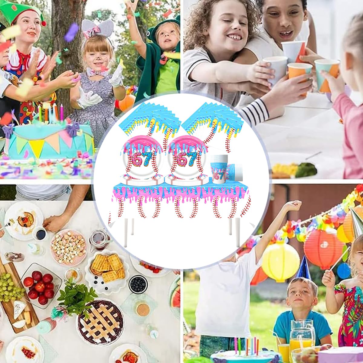 Stoviglie per feste a gelato, 61 pezzi Baseball Stoviglie per compleanni per bambini, Tema Meme virali Set di piatti di carta per feste, Compresi bicchieri, tovaglioli e tovaglie