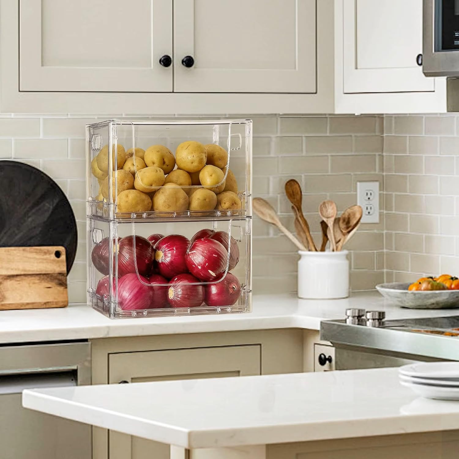 ANUMITRA 2 Pack Large Foldable Open Front Storage Bins with Lids, Stackable Clear Plastic Container Organizer for Pantry, Kitchen, Cabinet, Bathroom, Closet Organizers and Storage