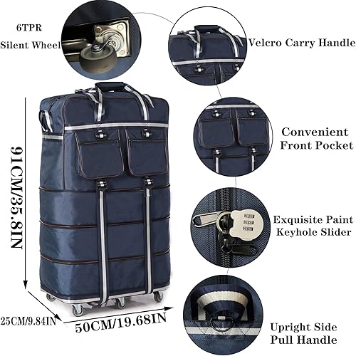 Miniatura 2 de ELDA Maleta plegable expandible con 6 ruedas silenciosas de TPR para viajes, maletas de gran capacidad para hombres y mujeres, Azul, Maleta plegable