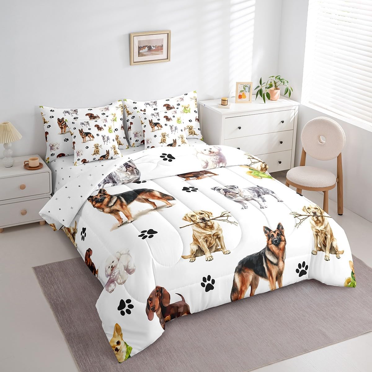 Feelyou Boys Girls Cute Dog 7 Pieces Bedding Set Full Size, Puppy Dog Bed in A Bag Kids Kawaii Animal Comforter Set with Sheets Cartoon Teens Bed Set Bedroom Decor 7Pcs