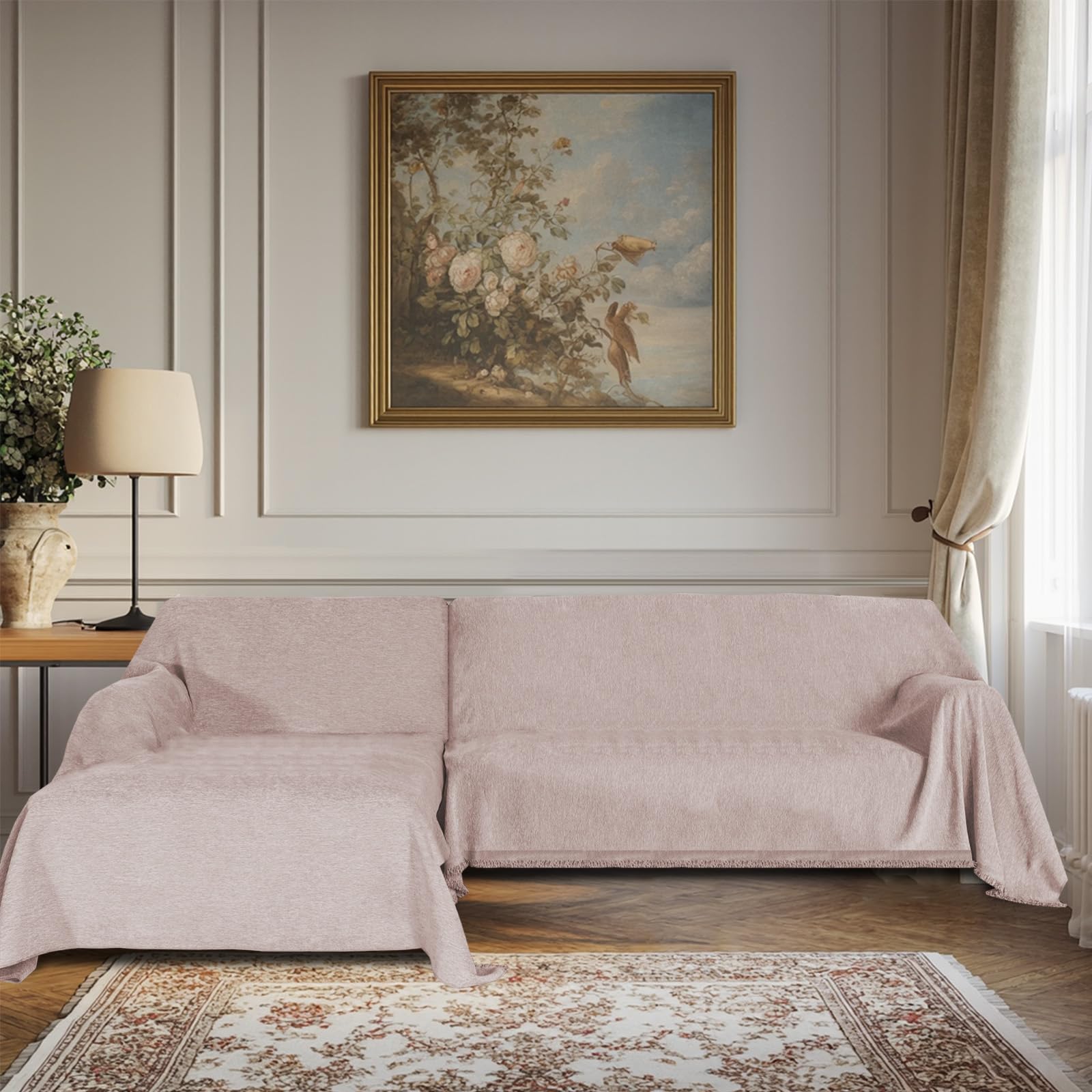 Sofa Cover 3 Seater Beige Cotton 180 x 279 cm – Elastic Ultra Soft Anti-Pilling Cover, Fit Sofas with Chaise OEKO-TEX STANDARD 100