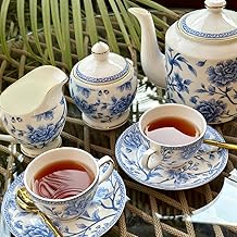 GOLDEN QUEEN'S Tea Cup Set with Kettle, Sugar & Milk Pot for Hosting & Gatherings | 15 Pieces - 6 Cups, 6 Saucers, 1 Tea Kettle, 1 Milk & 1 Sugar Pot | 24 K Gold Detailing - Sapphire Bloom