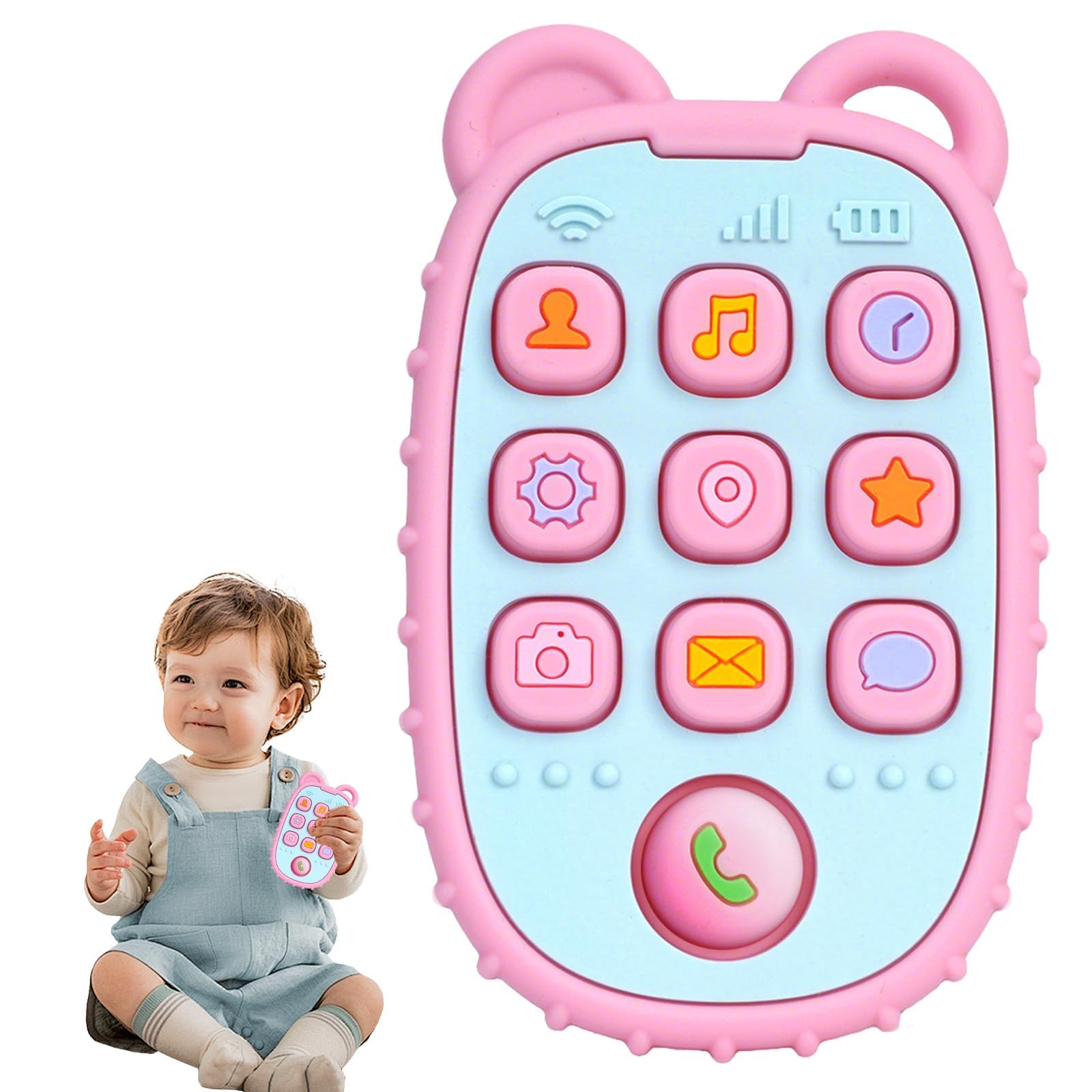 Aolso Teething Toys for Baby, Silicone Phone Press Teether for Babies 3 Months+, BPA-Free, Gum Pain Relief, Sensory Toy for Babies, Baby Chew Toys-Pink Bear