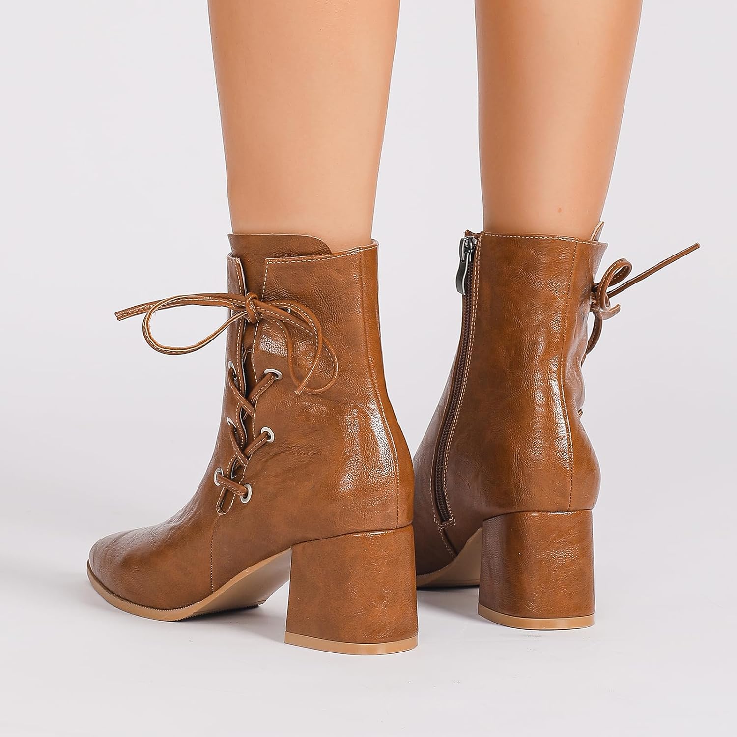 GATUXUS Women's Chunky Mid Heels Ankle Boots Leather Sexy Pointed Toe Side Zipper Lace-up Short Booties Dress Shoes - Image 3