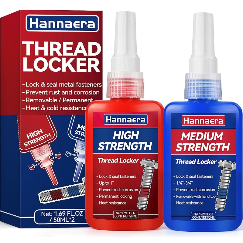 Trava-rosca azul e vermelha Hannaera removível e permanente para porcas, parafusos e fixadores metálicos, kit com 2 frascos de 50 mL