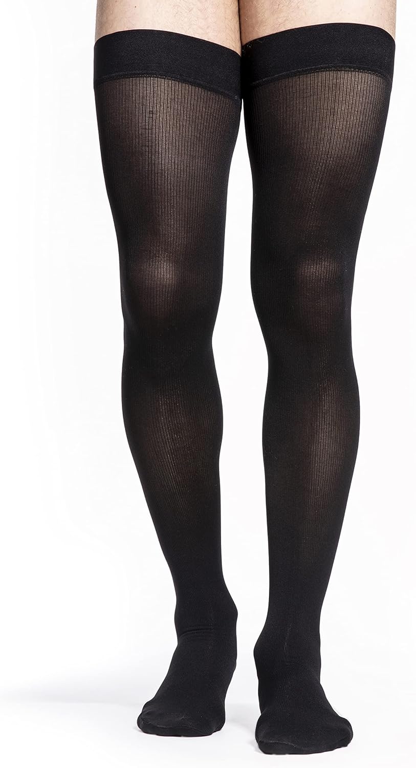 SIGVARIS Men’s Style Microfiber 820 Closed Toe Thigh-Highs w/Grip Top 20-30mmHg - Black - Medium Long