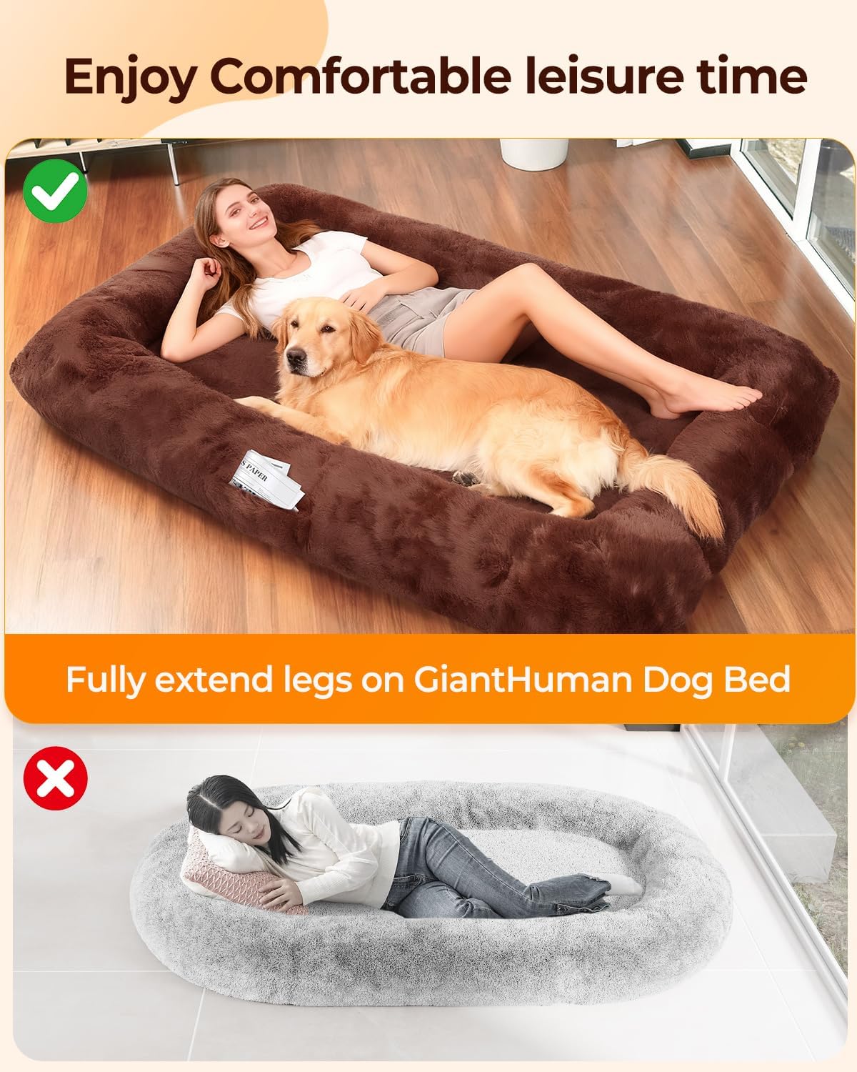 Dog beds Large Sized Dogs,Human Dogs beds for Adult,Extra 78"x45"x12",Orthopedic Dog Bed,Used at Home & Outdoor,Bedroom,playroom,Lounge and Even in the Office,Washable Faux Fur (Brown)