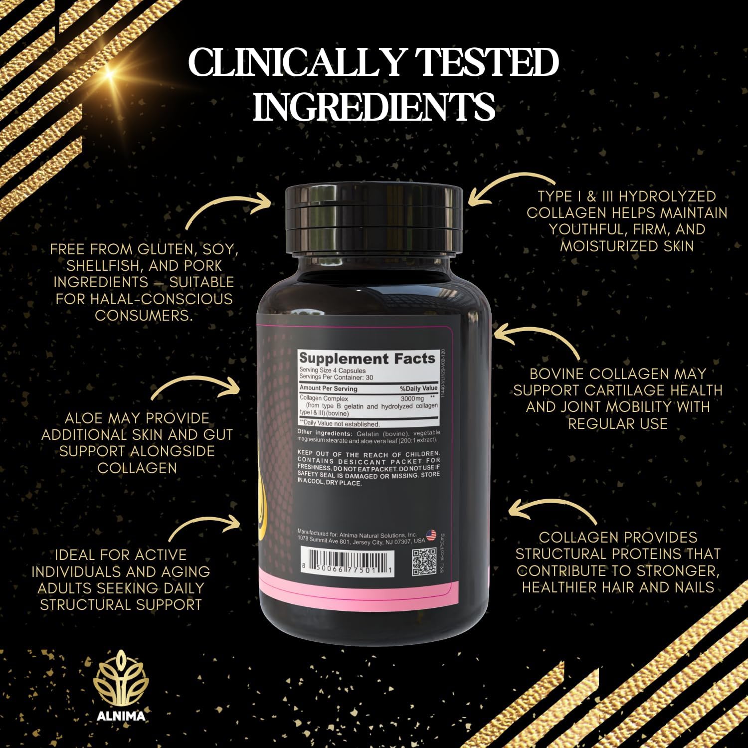 Halal Collagen Peptides Complex 750 mg – Type I & III Hydrolyzed Collagen for Skin, Hair & Nails Support | 120 Capsules – Halal Certified, Non-GMO, Made in USA - Image 3