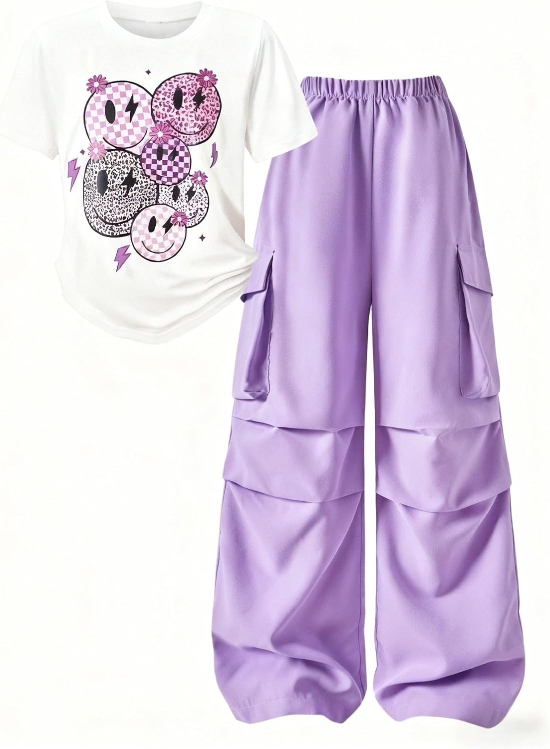 Girls Clothes 2 Piece Smiley Face Print T-Shirt Tops & Cargo Pants Spring Summer Outfits Tween Girls 7-14Y
