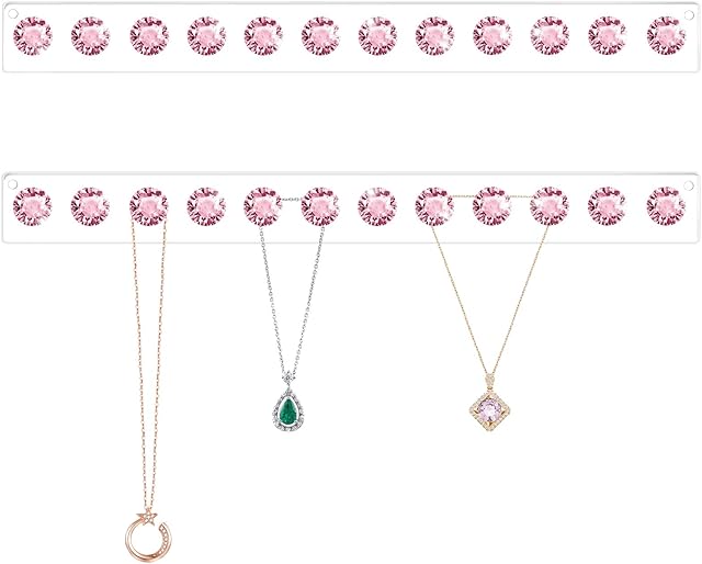 Mymazn Necklace Hangers Acrylic Necklaces Holder Wall Mounted Jewelry Organizer Hanging with 12 Diamond Shape Hooks, Jewelry Hangers for Necklace, Gift for Girls Women (2, Pink)