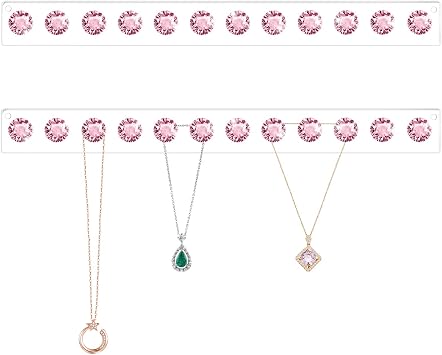 Acrylic Necklaces Holder Wall Mounted Necklace Hangers Hanging Jewelry Organizer with 12 Hooks, Clear Jewelry Hangers for Necklace Organizer for Girls Women, Necklace Hooks for Wall Pink, 2 Pack