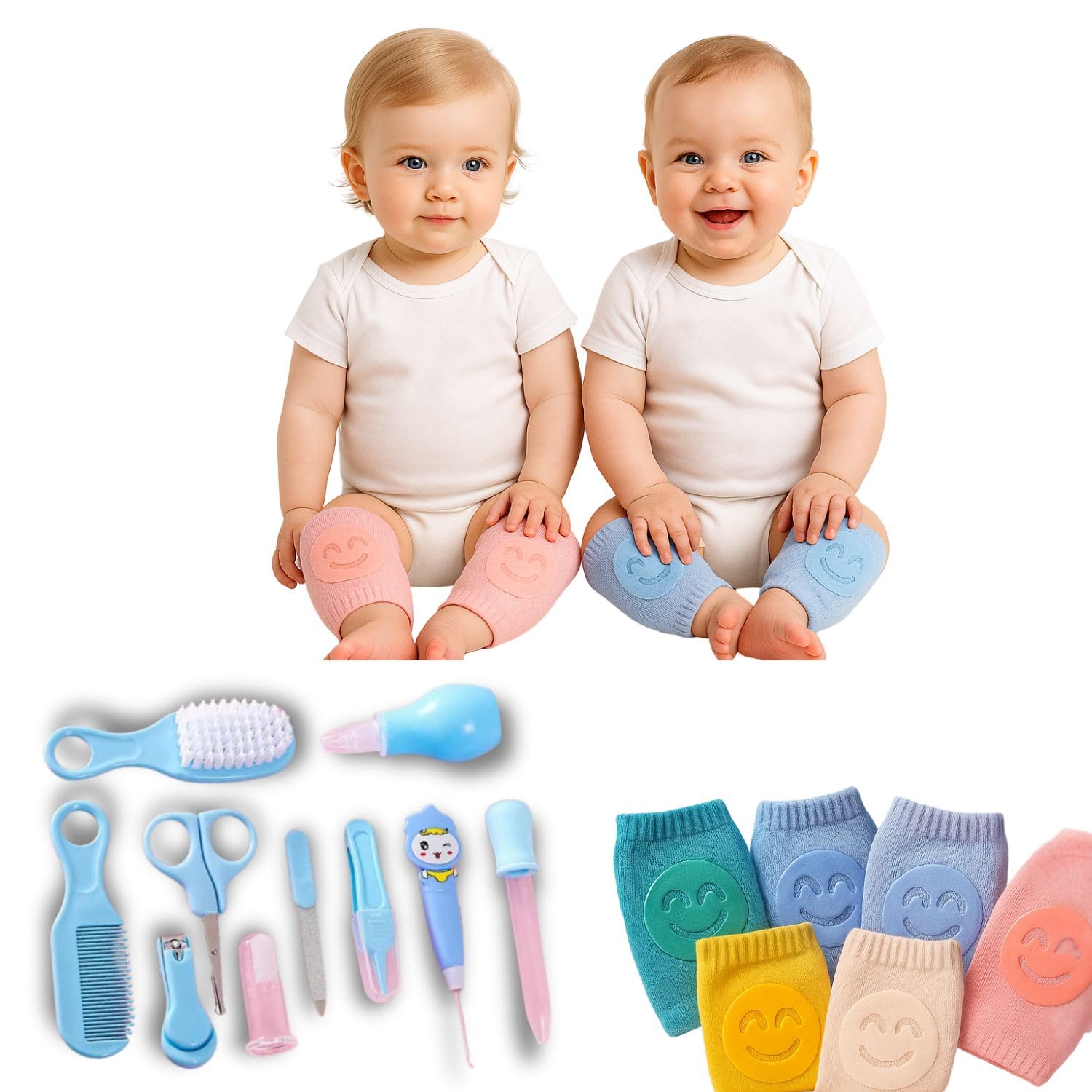 Mantravib® Baby Grooming Kit & Knee Pads Combo – 10 Pcs Care Set with Nail Clipper, Nose Cleaner, Comb, Brush Anti-Slip Cotton Knee Pads for Crawling Babies – Boys & Girls (Multicolor)-image-11