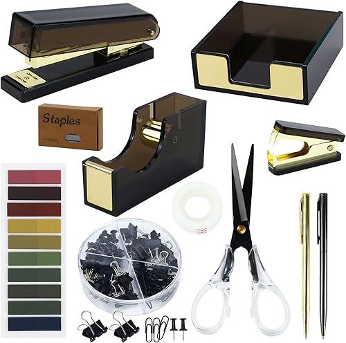 Buqoo Grapadora y dispensador de cinta adhesiva de acrílico negro con removedor de grapas, tijera, bolígrafo, notas adhesivas, juego de clips de