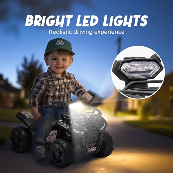 XCAR 6V ATV for Kids, 4 Wheeler for Toddlers with Music, Horn, Lights, 1.2mph Max Speed for Ages 1.5-3, Black