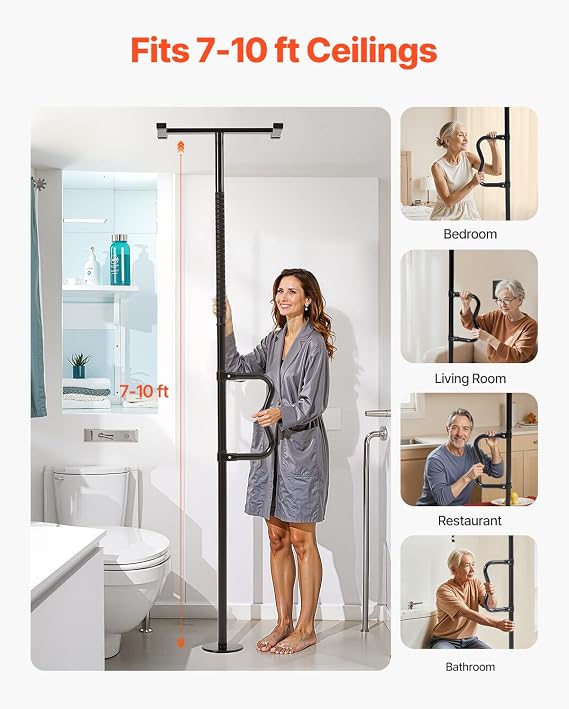 VEVOR Floor-to-Ceiling Transfer Pole, Tension Mounted Bathroom Grab Bar with Anti-Slip Curve Handle, 300 Lbs Capacity Security Pole for Elderly, Ideal Senior Safety Pole for 7-10 Ft Ceilings, Black