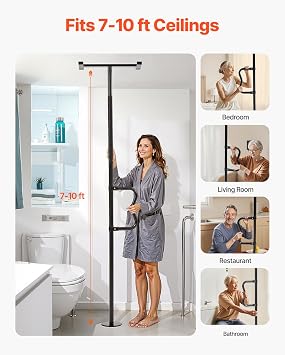 VEVOR Floor-to-Ceiling Transfer Pole, Tension Mounted Bathroom Grab Bar with Anti-Slip Curve Handle, 300 Lbs Capacity Security Pole for Elderly, Ideal Senior Safety Pole for 7-10 Ft Ceilings, Black