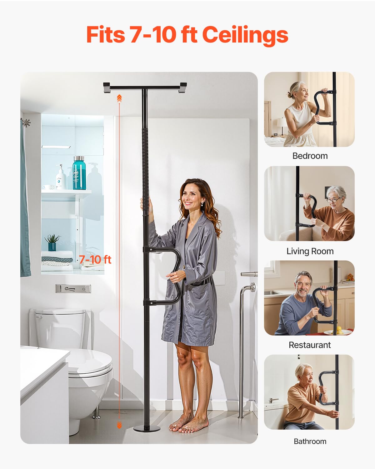 VEVOR Asta di Trasferimento dal Pavimento al Soffitto, Capacità 136 kg Barra di Sostegno per Bagno Montata a Tensione con Maniglia Curva Antiscivolo, Asta di Sicurezza per Soffitti 2140 a 3050 mm Nero