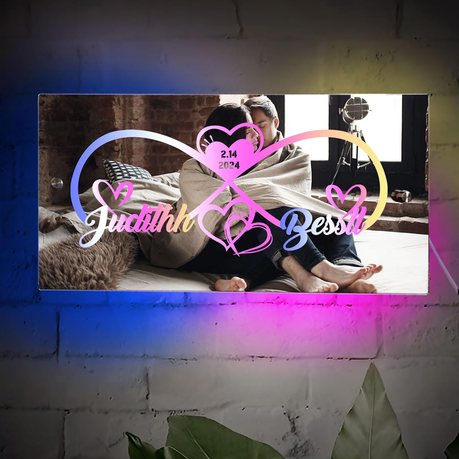 Personalized Infinity Heart LED Mirror Sign, Custom Name, Valentine's Day Gift, Small, Acrylic, Wall Mount, Rectangular, LED, Modern, Love, Bedroom