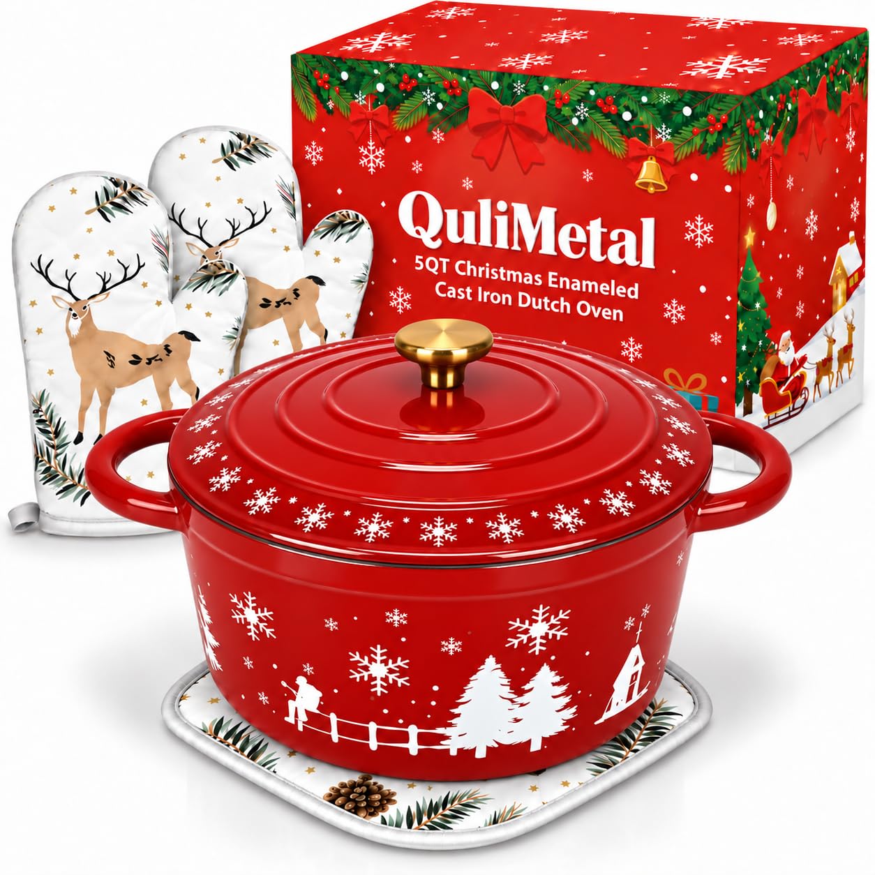 QuliMetal Schmortopf aus emailliertem Gusseisen, rund, 24 cm, mit weihnachtlichen Motiven | Für Schmoren, Eintöpfe & Braten, kein Einbrennen nötig, inkl. 2 Ofenhandschuhen & Topflappen, Rot