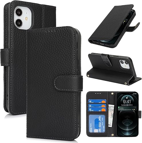 Vista 124 de Zouzt Funda para iPhone 11 de 6.1 pulgadas de piel auténtica con 4 ranuras para tarjetas, tarjetero con bloqueo RFID, tapa magnética, función atril