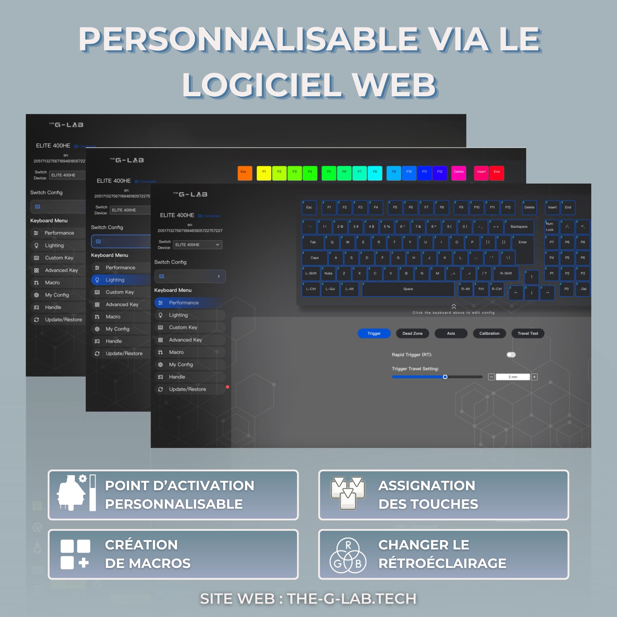 The G-Lab - KEYZ Elite 300 HE GRW - Magnetyczna Klawiatura Gamingowa Hall Effect 75% AZERTY FR, Przewodowa USB, 8000 Hz Rapid Trigger, Regulowana Aktywacja 0,01 mm, PBT Hot-Swap, RGB i Makra - Win/Mac