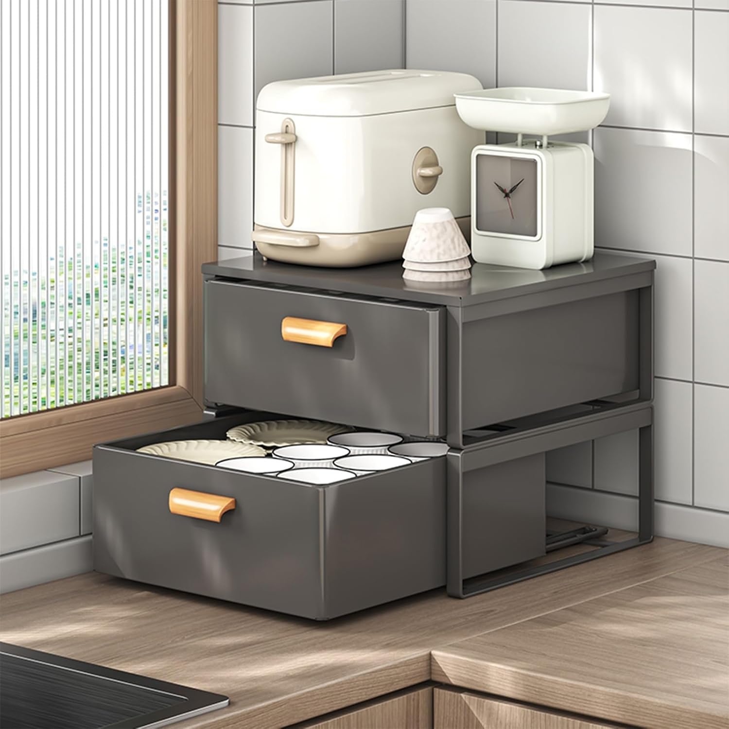Sliding Drawer Under Sink Kitchen Storage Solution for Pots & Pans Spice Rack Pull Out Cabinet for Kitchen/Dining Room Space Saving Design,Nero-30 * 41 * 34.4cm