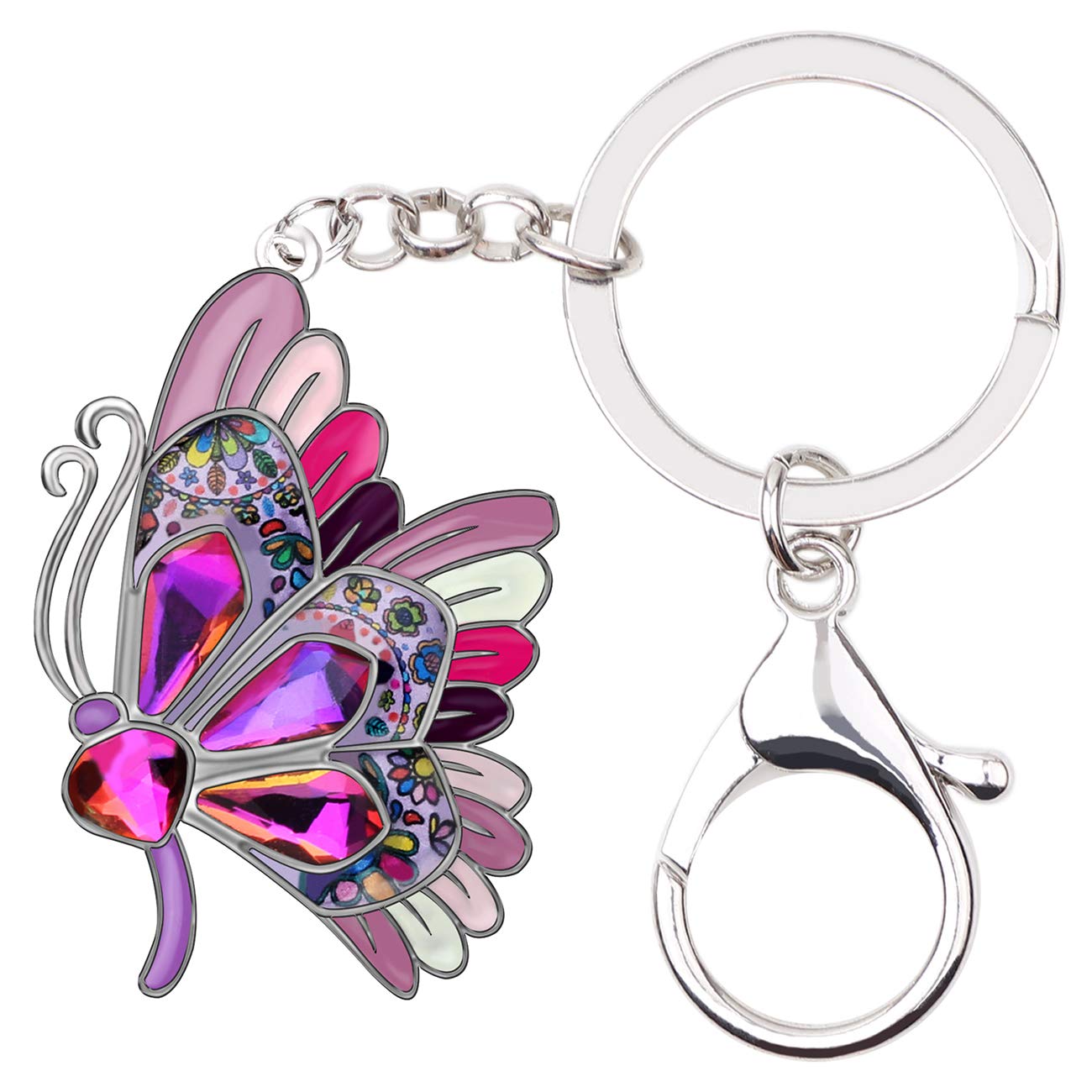 BONSNY Enamel Metal Rhinestone Floral Cute Butterfly Keychains Key Car Charms Accessories (Purple)