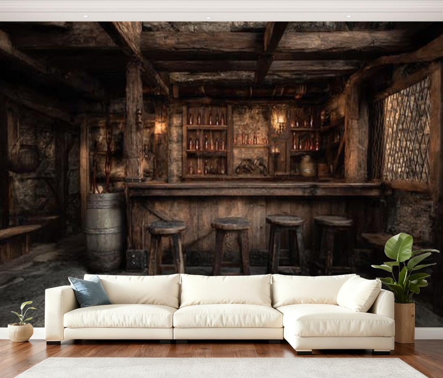 Wall Mural Peel and Stick Medieval Tavern bar Wooden stools Stone Floor lit by Hanging Candles Wallpaper Self Adhesive Removable Large Wall Stickers Home Decor for Living Room Bedroom 100"x144"