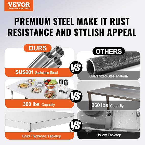 VEVOR Stainless Steel Foldable Work Table, 24 * 48 Inch Heavy Duty Food Outdoor Stainless Steel Worktable for Commercial Kitchen Restaurant