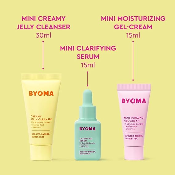 BYOMA So Clear Travel Size Gift Set - Skincare Minis (30ml, 15ml, 15ml) | Barrier Repair Kit Creamy Jelly Cleanser, Clarifying Face Serum, Face Moisturiser for Acne Prone Skin, Holiday Essentials