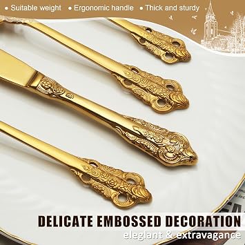BEWOS 16 Piece Gold Palace Cutlery Set, Premium Stainless Steel Cutlery, Embossed Design Handles, Family and Banquet Knife and Fork Sets, Stunning Polished & Gift Wrapped, Dishwasher Safe
