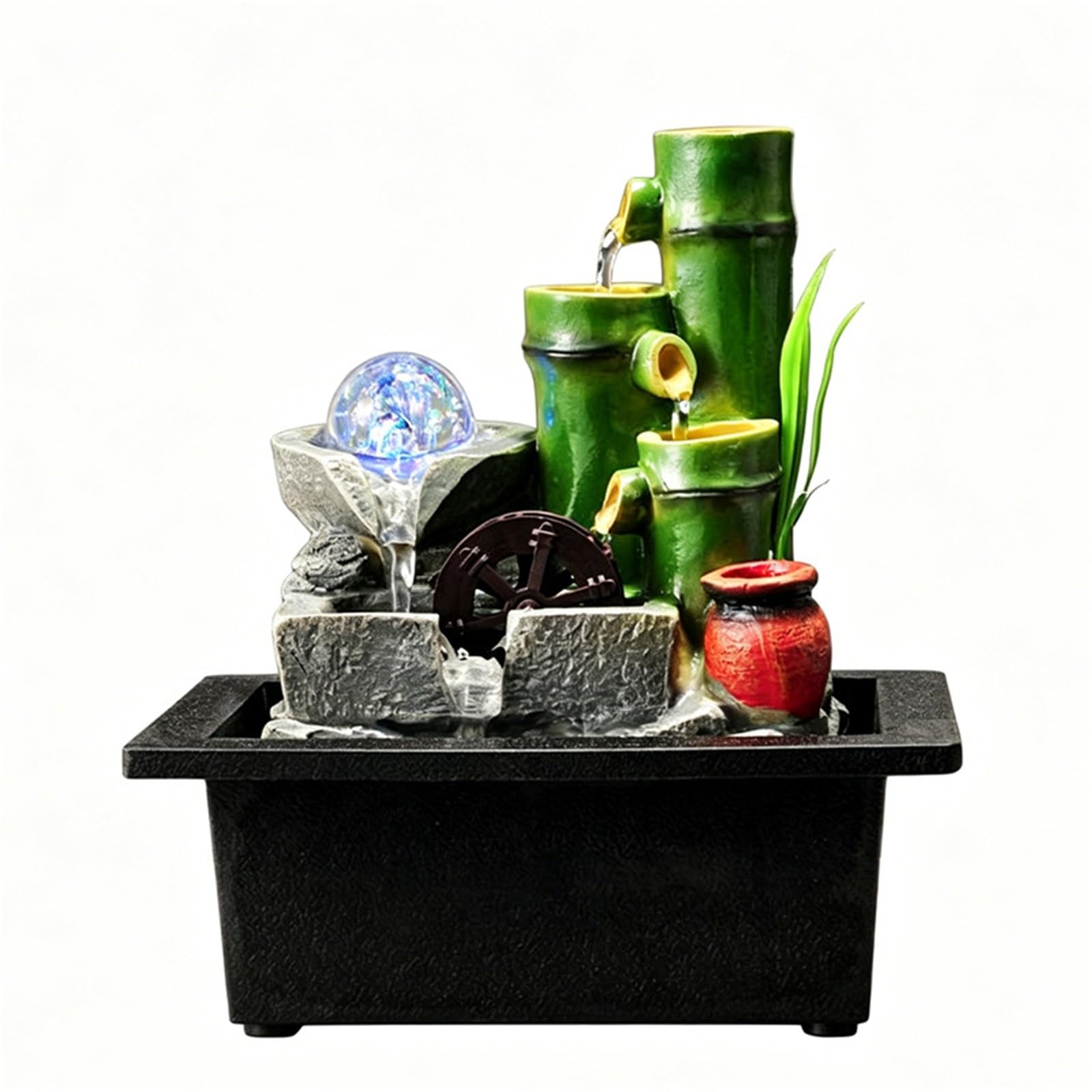 Bamboo Feng Shui Fountain Waterfall Fountain Small Desktop Water Ornaments Tabletop Wealth Fountain with Ball for Home,Office,Meditation Room
