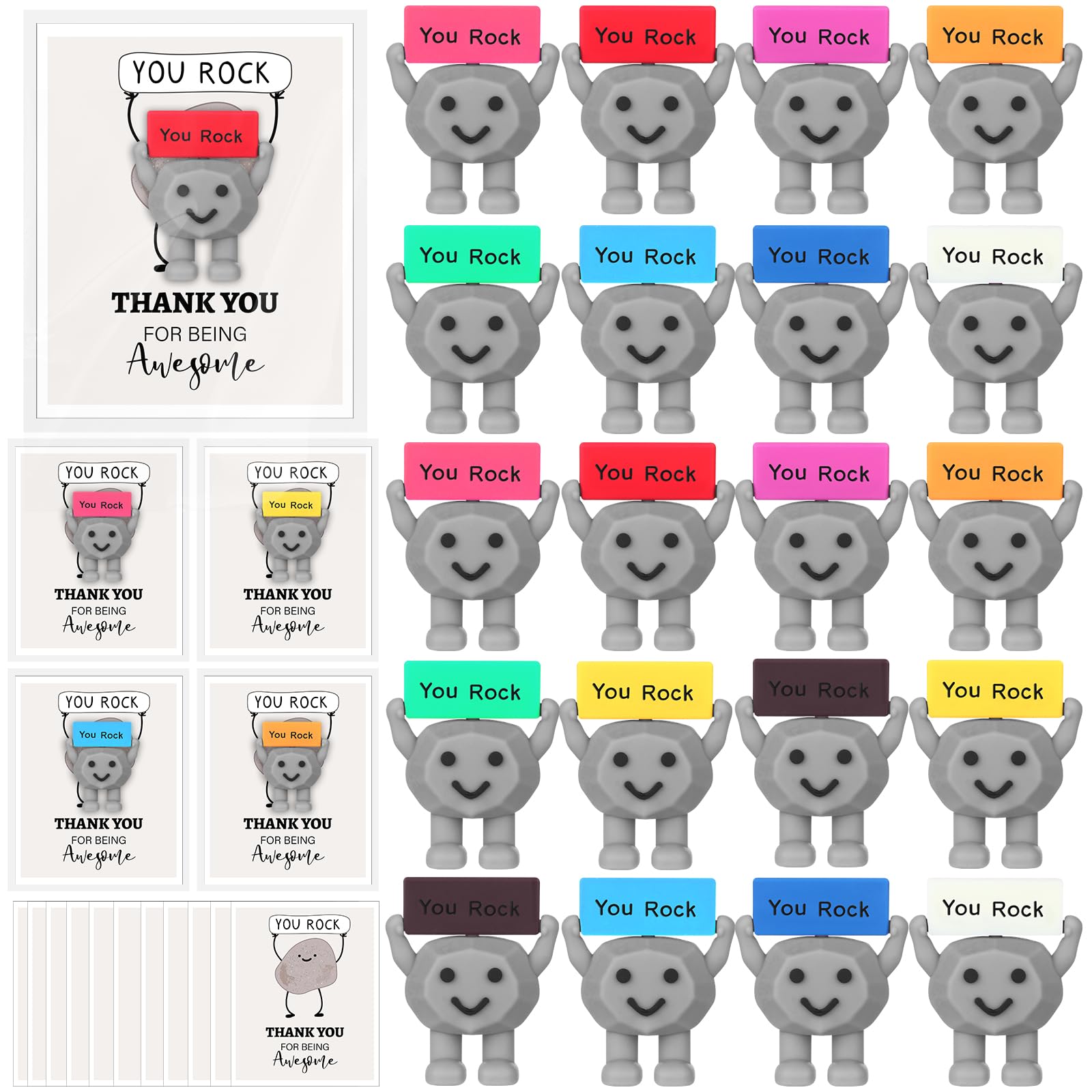 YXSJAS 20 Sets You Rock Mini Figures Tiny Positive You Rock Stone Figurines Decor Miniature Birthday Encouragement Motivational Gifts Include 20 Card Bag for Teacher Coworker Staff (60,Multicolor)