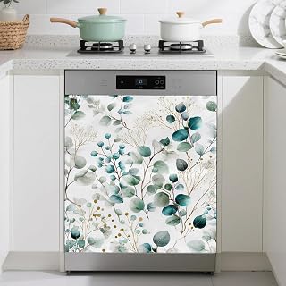 Eucalyptus Leaves Green Gold Dishwasher Magnet Cover | Front Dishwasher Sticker Reusable Waterproof Removable Refrigerator Magnet Cover for Home Kitchen Appliance 23x26 Inch