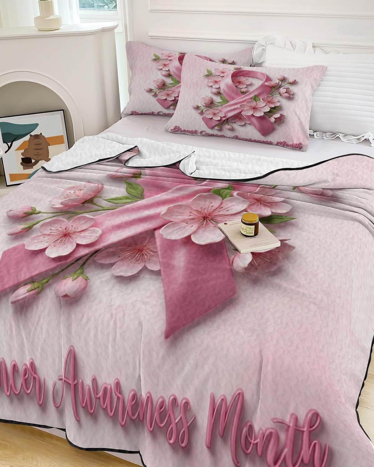 Full Size Quilt Set, Abstract Gradient Pink Lightweight Bedspread Coverlet Set Soft Microfiber Summer Quilt with 2 Pillow Shams, Caring for Breast Cancer 3 Piece Comforter Bedding Set