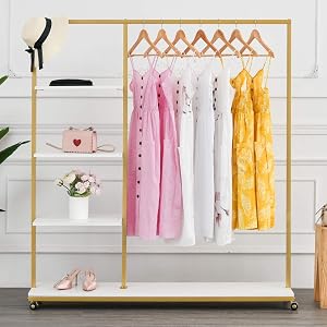 BOSURU Gold Clothes Racks with 4-Tier Wood Shelves Modern Freestanding Gold Clothing Racks for Hanging Clothes Display Racks
